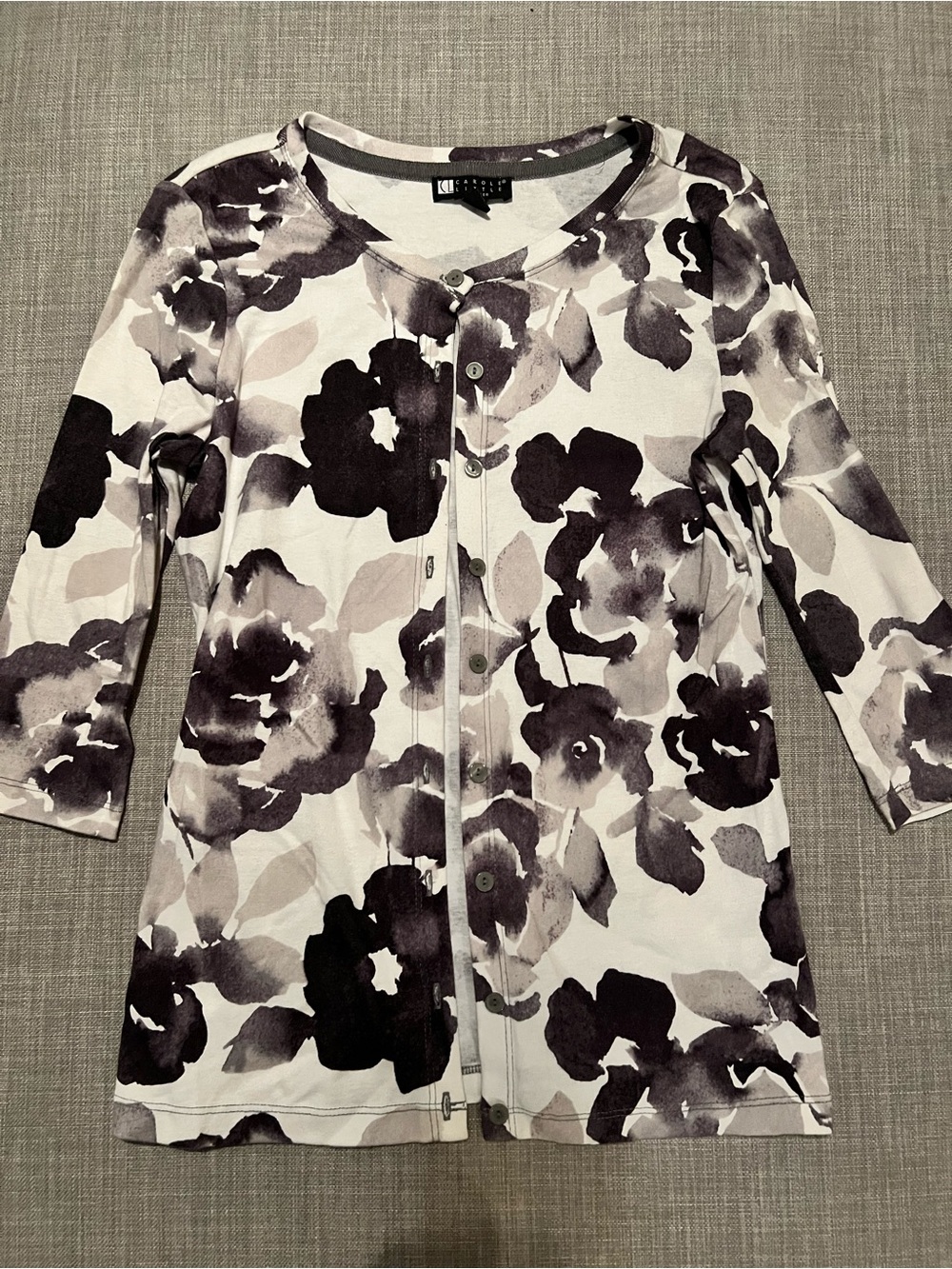 Carole Little Black & White Floral Button-Front 3/4 length Cardigan Petite S